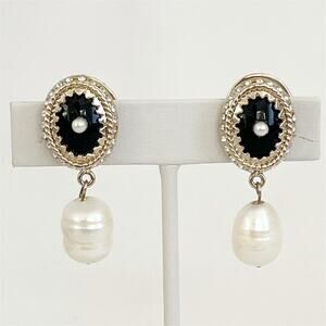 GIVENCHY Vintage Black Enamel Silver Faux Pearl Drop Earrings Magnetic